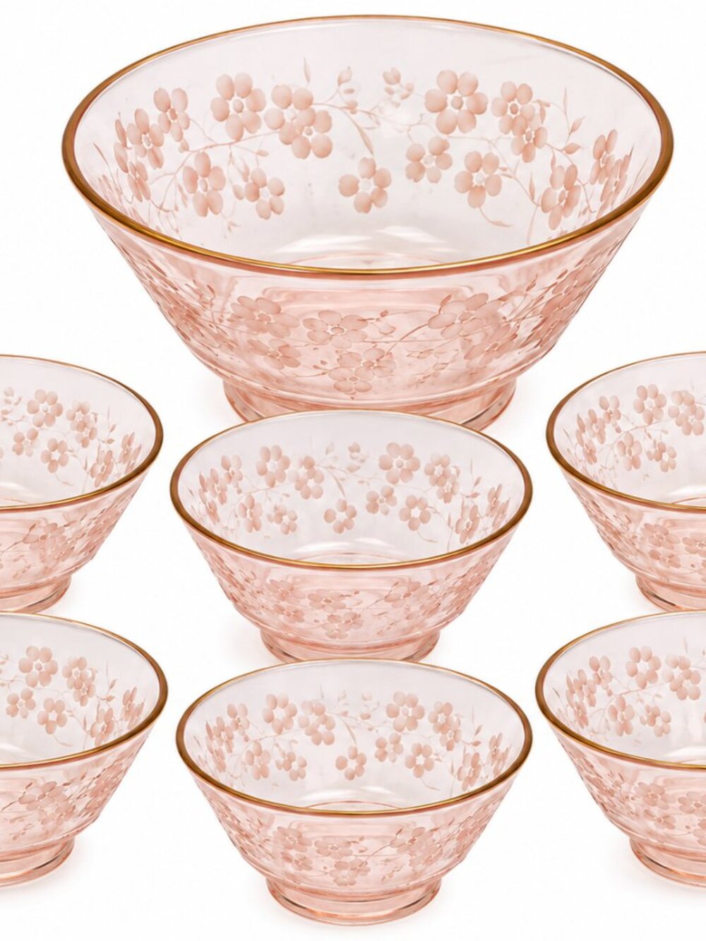 SC-20--Vintage Pink Glass 7-Piece Grape & Leaf Bowl Set Gold Rim
